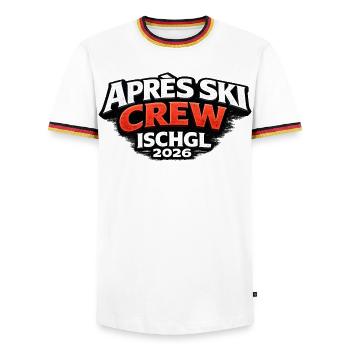 Apres Ski Crew Ischgl 2026 Outfit - Männer Kontrast-T-Shirt - Weiß/Dreifarbig - Vorne - AI Model Female 172 light (172cm) & AI Model Male 185 light (185cm)