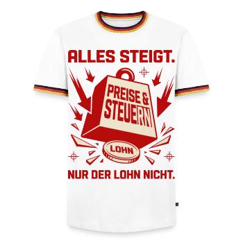 Tout augmente sauf les salaires - T-shirt contrasté Homme - blanc/tricolore - Devant - AI Model Female 172 light (172cm) & AI Model Male 185 light (185cm)
