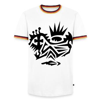 Tatouage tribal sur le visage avec croix - T-shirt contrasté Homme - blanc/tricolore - Devant - AI Model Female 172 light (172cm) & AI Model Male 185 light (185cm)