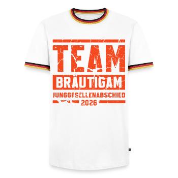 JGA Team Bräutigam 2026 Junggesellenabschied - Männer Kontrast-T-Shirt - Weiß/Dreifarbig - Vorne - AI Model Female 172 light (172cm) & AI Model Male 185 light (185cm)