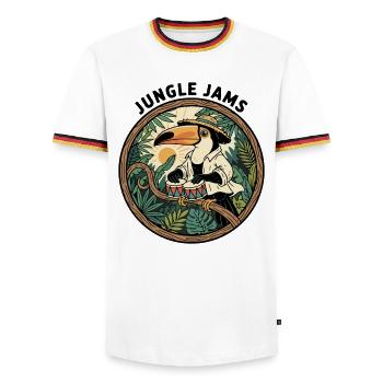 Toucan Jungle jammet Bongo-Schlagzeuger Retro - Männer Kontrast-T-Shirt - Weiß/Dreifarbig - Vorne - AI Model Female 172 light (172cm) & AI Model Male 185 light (185cm)