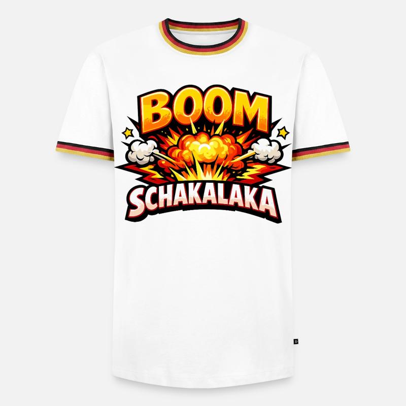 Boom Schakalaka Comic Spruch mit Explosion - Männer Kontrast-T-Shirt - Weiß/Dreifarbig