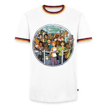 Colorful travelers on the bus - Men's Ringer Shirt - white/tricolour - Front - AI Model Female 172 light (172cm) & AI Model Male 185 light (185cm)