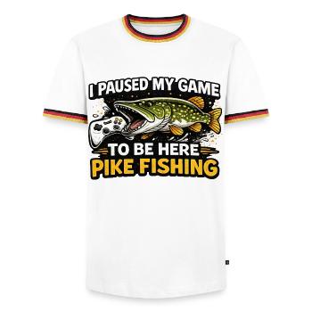 J’ai mis ma partie en pause pour la pêche au brochet, c’est drôle - T-shirt contrasté Homme - blanc/tricolore - Devant - AI Model Female 172 light (172cm) & AI Model Male 185 light (185cm)