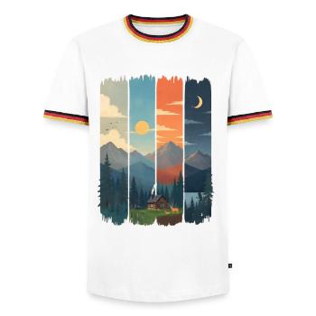 Horizons in four mountain panels - Men's Ringer Shirt - white/tricolour - Front - AI Model Female 172 light (172cm) & AI Model Male 185 light (185cm)