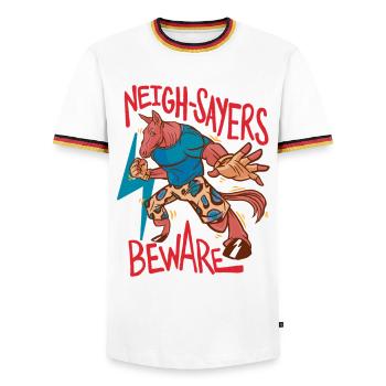 Rider Rider Horse Neigh-Sayers Beware - Men's Ringer Shirt - white/tricolour - Front - AI Model Female 172 light (172cm) & AI Model Male 185 light (185cm)