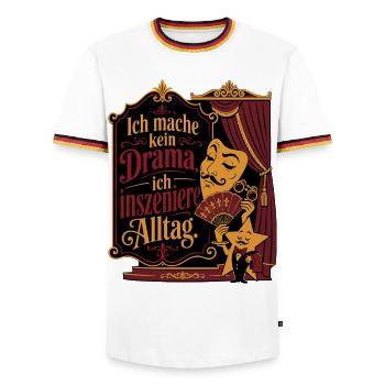 Ich mache kein Drama, ich inszeniere Alltag - Männer Kontrast-T-Shirt - Weiß/Dreifarbig - Vorne - AI Model Female 172 light (172cm) & AI Model Male 185 light (185cm)
