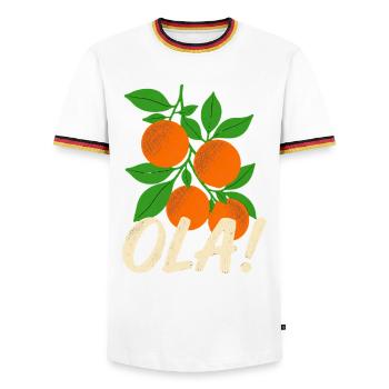 Olá Retro Orange Plants Holiday Greeting - Men's Ringer Shirt - white/tricolour - Front - AI Model Female 172 light (172cm) & AI Model Male 185 light (185cm)