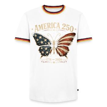 America 250 Vintage Schmetterling | Nationalfeiertag der USA - Männer Kontrast-T-Shirt - Weiß/Dreifarbig - Vorne - AI Model Female 172 light (172cm) & AI Model Male 185 light (185cm)