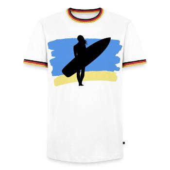 Ambiances de plage – Surfer Girl - T-shirt contrasté Homme - blanc/tricolore - Devant - AI Model Female 172 light (172cm) & AI Model Male 185 light (185cm)