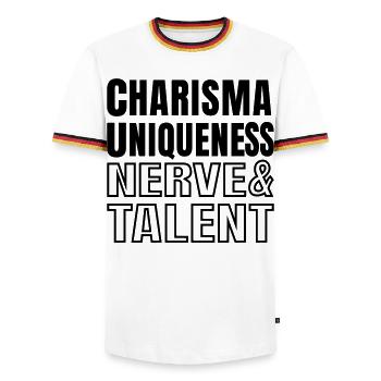 Charisma Uniques Nerve and Talent Text Quote SVG - Men's Ringer Shirt - white/tricolour - Front - AI Model Female 172 light (172cm) & AI Model Male 185 light (185cm)