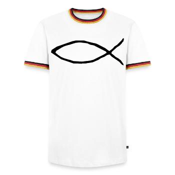 Christlicher Fisch - Männer Kontrast-T-Shirt - Weiß/Dreifarbig - Vorne - AI Model Female 172 light (172cm) & AI Model Male 185 light (185cm)