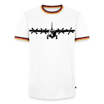 Antonov 12 - Männer Kontrast-T-Shirt - Weiß/Dreifarbig - Vorne - AI Model Female 172 light (172cm) & AI Model Male 185 light (185cm)