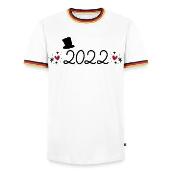 2022 - Men's Ringer Shirt - white/tricolour - Front - AI Model Female 172 light (172cm) & AI Model Male 185 light (185cm)