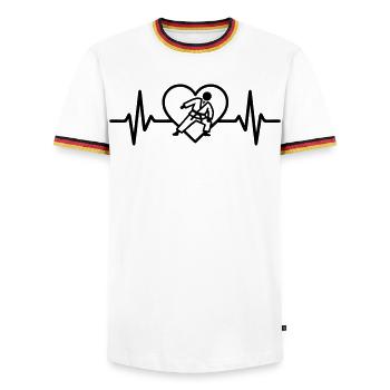 Judo du cœur – Arts martiaux passionnés - T-shirt contrasté Homme - blanc/tricolore - Devant - AI Model Female 172 light (172cm) & AI Model Male 185 light (185cm)