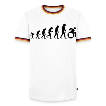 Evolution des Rollstuhls, der Rolle, des Humors * - Männer Kontrast-T-Shirt - Weiß/Dreifarbig - Vorne - AI Model Female 172 light (172cm) & AI Model Male 185 light (185cm)