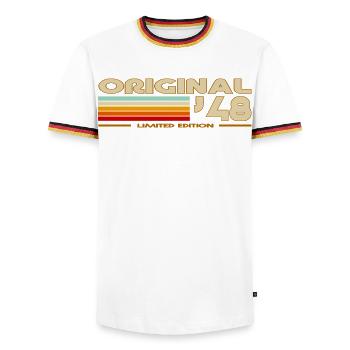 1948 - Männer Kontrast-T-Shirt - Weiß/Dreifarbig - Vorne - AI Model Female 172 light (172cm) & AI Model Male 185 light (185cm)