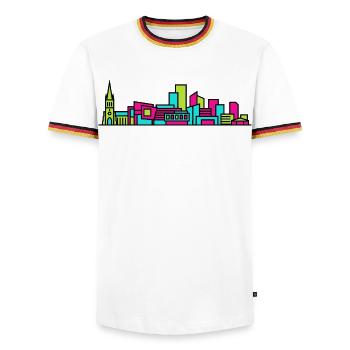 Silhouette de la cathédrale de la ville de Derby Art moderne en ligne - T-shirt contrasté Homme - blanc/tricolore - Devant - AI Model Female 172 light (172cm) & AI Model Male 185 light (185cm)