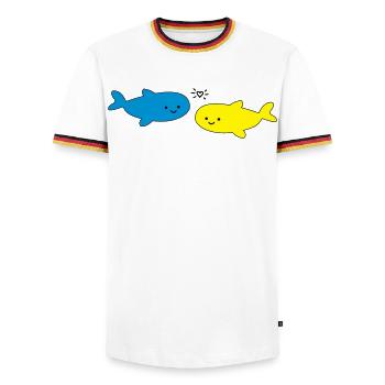 Fröhliche Fische Blau Gelb - Männer Kontrast-T-Shirt - Weiß/Dreifarbig - Vorne - AI Model Female 172 light (172cm) & AI Model Male 185 light (185cm)