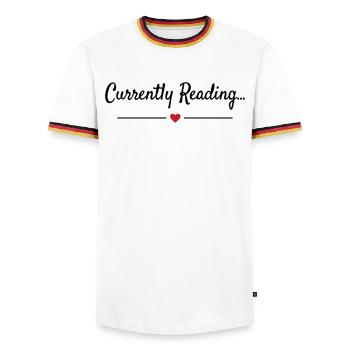 Currently Reading Bücherwurm Spruch - Männer Kontrast-T-Shirt - Weiß/Dreifarbig - Vorne - AI Model Female 172 light (172cm) & AI Model Male 185 light (185cm)