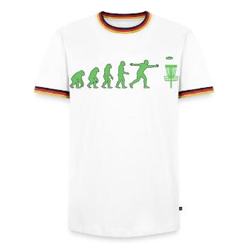 Disc Golf Evolution Funny Disc Golfer Flying Disc - Men's Ringer Shirt - white/tricolour - Front - AI Model Female 172 light (172cm) & AI Model Male 185 light (185cm)