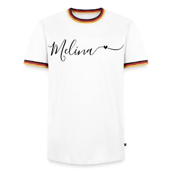 Prénom Melina Prénom décoratif - T-shirt contrasté Homme - blanc/tricolore - Devant - AI Model Female 172 light (172cm) & AI Model Male 185 light (185cm)