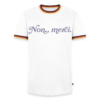 Non, merci – French Minimalism - Men's Ringer Shirt - white/tricolour - Front - AI Model Female 172 light (172cm) & AI Model Male 185 light (185cm)