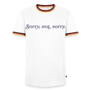 Sorry, not sorry – Cheeky & direct - Men's Ringer Shirt - white/tricolour - Front - AI Model Female 172 light (172cm) & AI Model Male 185 light (185cm)