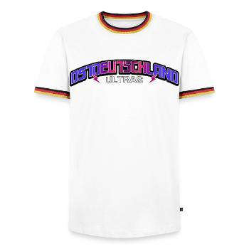 East Germany Ultras Ossis East East Germans - Men's Ringer Shirt - white/tricolour - Front - AI Model Female 172 light (172cm) & AI Model Male 185 light (185cm)