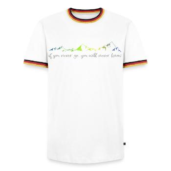 never go, never know - Men's Ringer Shirt - white/tricolour - Front - AI Model Female 172 light (172cm) & AI Model Male 185 light (185cm)