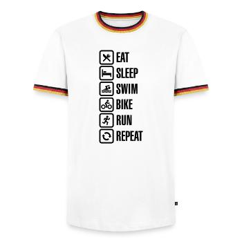 Eat sleep swim bike run repeat - triathlon - Männer Kontrast-T-Shirt - Weiß/Dreifarbig - Vorne - AI Model Female 172 light (172cm) & AI Model Male 185 light (185cm)