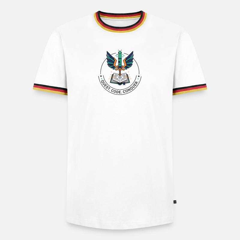 Quest. Code. Conquer Emblem - Männer Kontrast-T-Shirt - Weiß/Dreifarbig