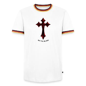 Rotes Gothic Kreuz-Talisman - Männer Kontrast-T-Shirt - Weiß/Dreifarbig - Vorne - AI Model Female 172 light (172cm) & AI Model Male 185 light (185cm)