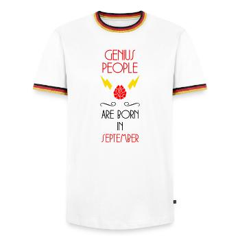 The Genies were born in September Humour - Men's Ringer Shirt - white/tricolour - Front - AI Model Female 172 light (172cm) & AI Model Male 185 light (185cm)