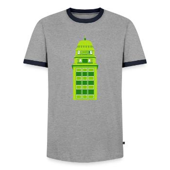 Retro Green Tower Clock - Men's Ringer Shirt - grey/navy  - Front - AI Model Female 172 light (172cm) & AI Model Male 178 light (178cm)