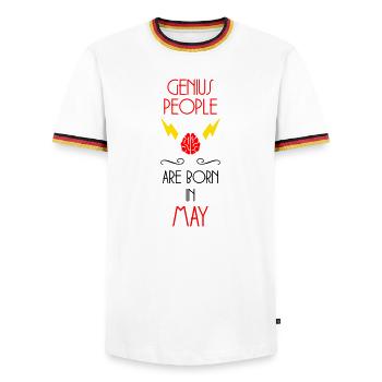 les génies naissent en Mai - Cadeau de Naissance - T-shirt contrasté Homme - blanc/tricolore - Devant - AI Model Female 172 light (172cm) & AI Model Male 185 light (185cm)