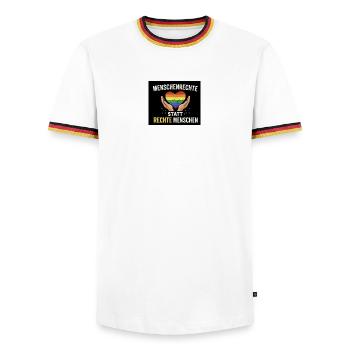 Human rights instead of right-wing people - Men's Ringer Shirt - white/tricolour - Front - AI Model Female 172 light (172cm) & AI Model Male 185 light (185cm)