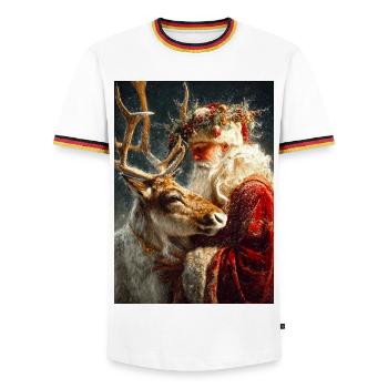Winter Santa and Reindeer Embrace - Men's Ringer Shirt - white/tricolour - Front - AI Model Female 172 light (172cm) & AI Model Male 185 light (185cm)