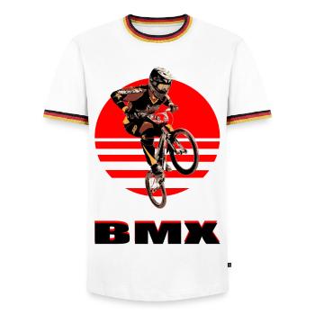 BMX Bike - Männer Kontrast-T-Shirt - Weiß/Dreifarbig - Vorne - AI Model Female 172 light (172cm) & AI Model Male 185 light (185cm)
