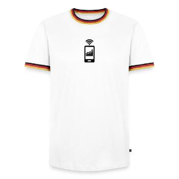 Chart stocks with smartphone - Men's Ringer Shirt - white/tricolour - Front - AI Model Female 172 light (172cm) & AI Model Male 185 light (185cm)