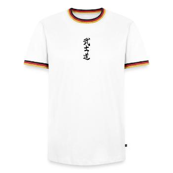Bushido in Japanese kanji script - Men's Ringer Shirt - white/tricolour - Front - AI Model Female 172 light (172cm) & AI Model Male 185 light (185cm)
