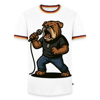 Rock Singer Bulldog with Microphone Art - Men's Ringer Shirt - white/tricolour - Front - AI Model Female 172 light (172cm) & AI Model Male 185 light (185cm)