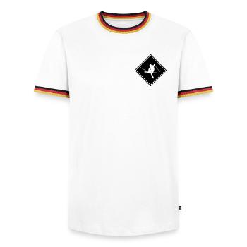 Ski, ski, ski, après-ski, freeski, hiver - T-shirt contrasté Homme - blanc/tricolore - Devant - AI Model Female 172 light (172cm) & AI Model Male 185 light (185cm)