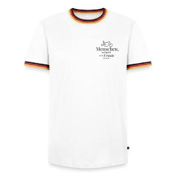 People, refuse to be enemies! - Men's Ringer Shirt - white/tricolour - Front - AI Model Female 172 light (172cm) & AI Model Male 185 light (185cm)