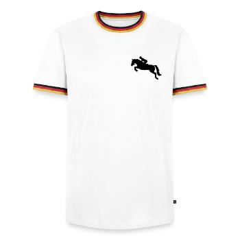 Springreiten - Men's Ringer Shirt - white/tricolour - Front - AI Model Female 172 light (172cm) & AI Model Male 185 light (185cm)