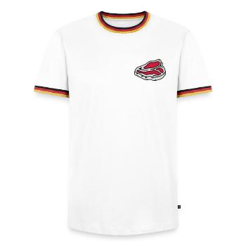 Un steak cru - T-shirt contrasté Homme - blanc/tricolore - Devant - AI Model Female 172 light (172cm) & AI Model Male 185 light (185cm)