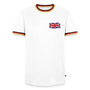 Flagge Großbritannien - Männer Kontrast-T-Shirt - Weiß/Dreifarbig - Vorne - AI Model Female 172 light (172cm) & AI Model Male 185 light (185cm)