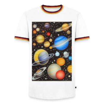 Weltall und Planeten - Männer Kontrast-T-Shirt - Weiß/Dreifarbig - Vorne - AI Model Female 172 light (172cm) & AI Model Male 185 light (185cm)