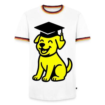 Bachelor Hund / Diplom Hund - Männer Kontrast-T-Shirt - Weiß/Dreifarbig - Vorne - AI Model Female 172 light (172cm) & AI Model Male 185 light (185cm)