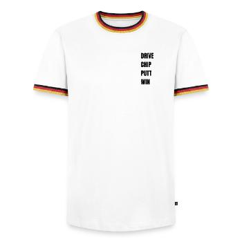 Golf Drive Chip Putt Win - T-shirt contrasté Homme - blanc/tricolore - Devant - AI Model Female 172 light (172cm) & AI Model Male 185 light (185cm)